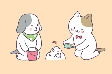 Cartoon cute summer cat and dog playing vector.