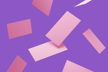 Flying pink space business cards with sharp corners on a bright background. Mock up. 3d rendering