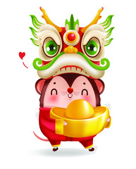 Dragon head. Little rat with holding chinese gold. Ingot. zodiac mice of Animal lucks year 2020 of the rat. Chinese New Year. Cartoon vector illustration isolated on a white background.