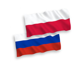 National vector fabric wave flags of Poland and Russia isolated on white background. 1 to 2 proportion.