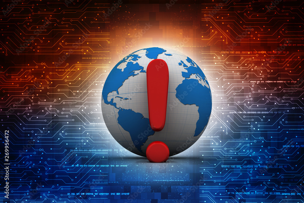 Poster 3d rendering exclamation mark and globe