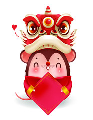 Lion head holding a badge. Rat personality in red cheongsam dress. Empty red square  paper. Decorated with chinese gold-colored patterns. Cute traditional. Chinese New Year.