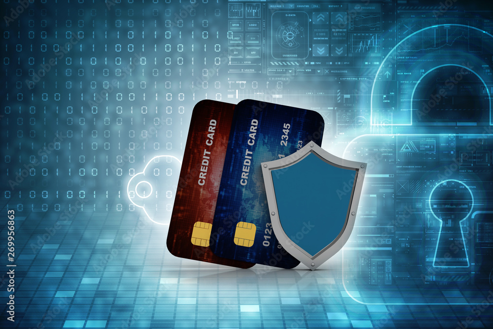 Poster 3d rendering shield on credit or debit card