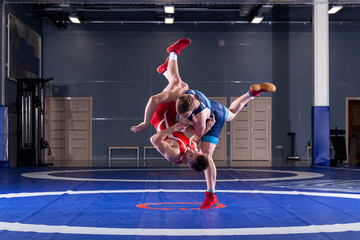 Two strong wrestlers in blue and red wrestling tights are wrestlng and making a  making a hip throw  on a yellow wrestling carpet in the gym. Young man doing grapple.