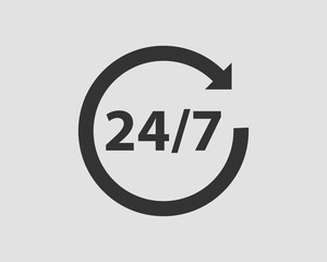 24/7 icon vector. 24 hour service clock.