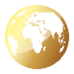 Gold globe Earth in pixel art style. Vector illustration.
