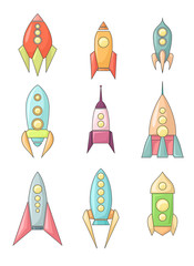 Set of coloring childish spacecraft icons. Linear drawing of shuttles. Different types of rocket. Vector starships for logos and your design.