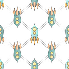Seamless pattern with  coloring childish spacecraft with utline rhombus on white background. Linear drawing of shuttles. Vector texture with starships for wallpaper and your design.