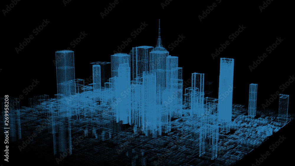Aufkleber HUD Futuristic Virtual 3D Hologram City Target Scanning Mission Communication Report Panel. Wireframe Reality Tower Building Digital Data Screen UI Sci Fi Technology Element.