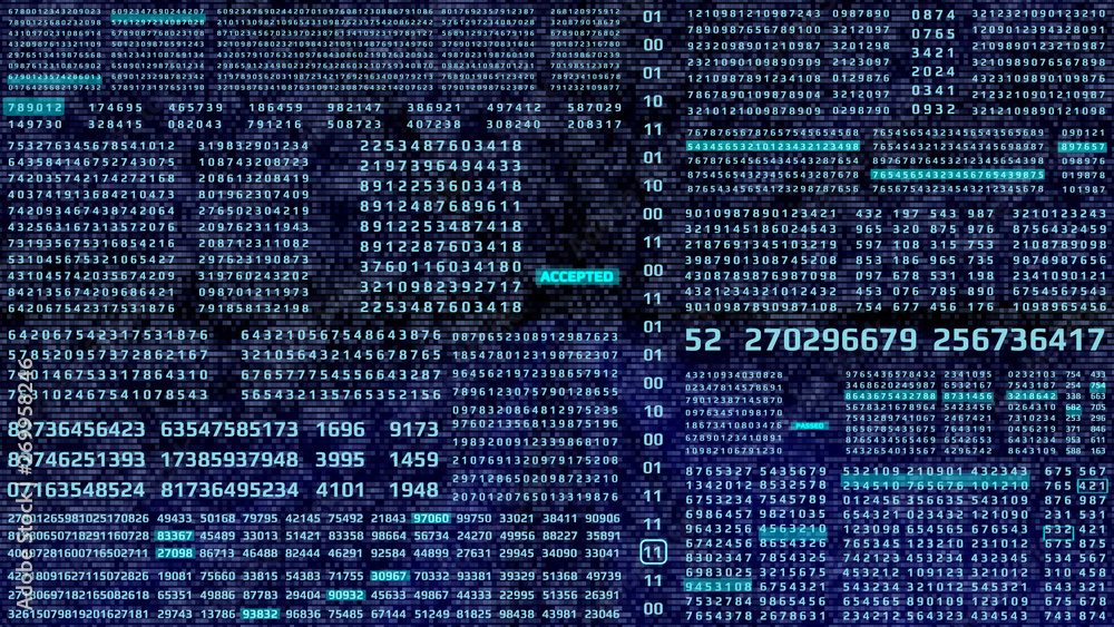 Aufkleber HUD Futuristic Digital Encoder Decoder Data Number Selection Code Background. Virtual Reality  Abstract Random Count Binary Decimal Statistics Monitor Display Illustration.