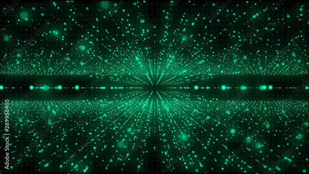 Aufkleber Abstract Particle Futuristic Line Dot Shooting With Center Lens Flare.. Green Communication Cellular Data Transfer Concept Illustration.
