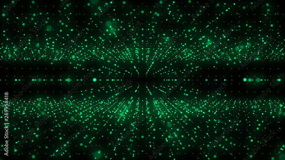 Poster Abstract Particle Futuristic Line Dot Shooting With Center Lens Flare.. Green Communication Cellular Data Transfer Concept Illustration.