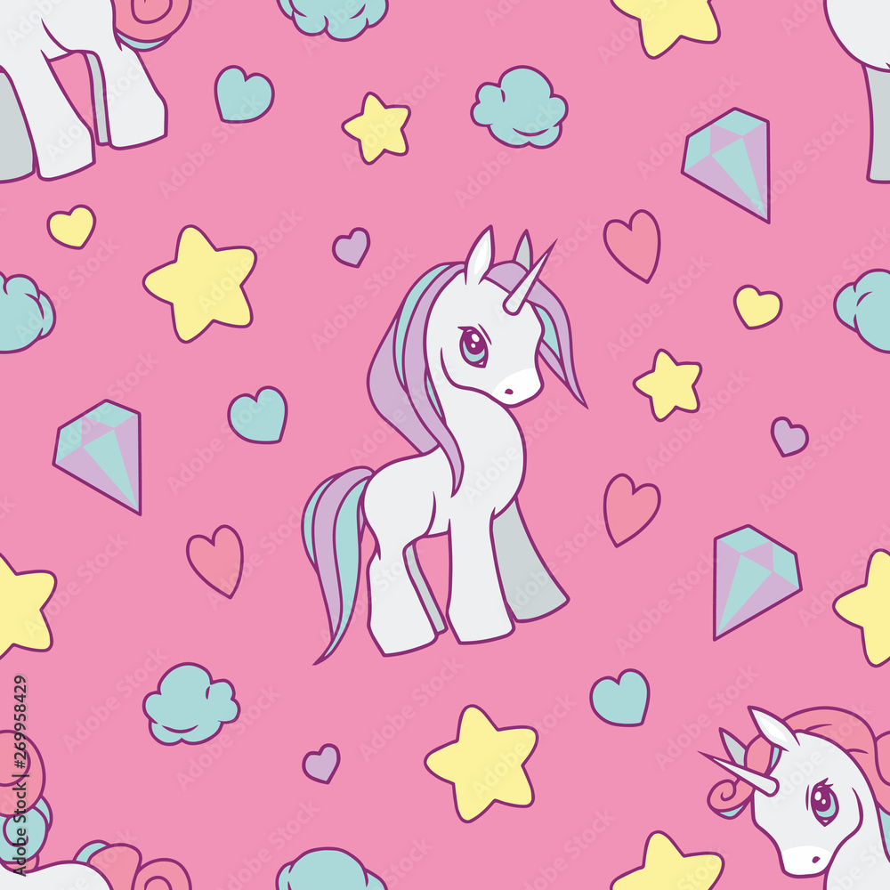 Wall mural cute unicorn seamless pattern in cartoon style with hearts, stars and diamonds on pink background, g