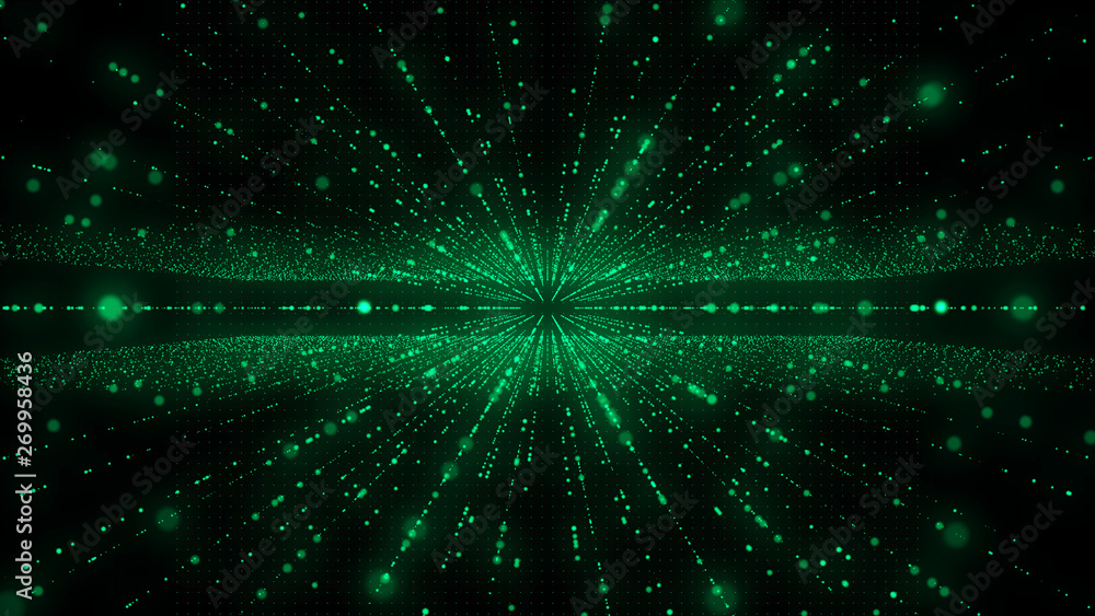 Leinwandbilder Abstract Particle Futuristic Line Dot Shooting With Center Lens Flare.. Green Communication Cellular Data Transfer Concept Illustration.
