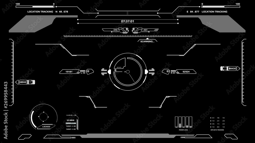 Leinwandbilder HUD Futuristic Elements Automatic Target Scan User Screen Interface Illustration. White Virtual Abstract Scifi Crosshair Game Control Monitor Panel.