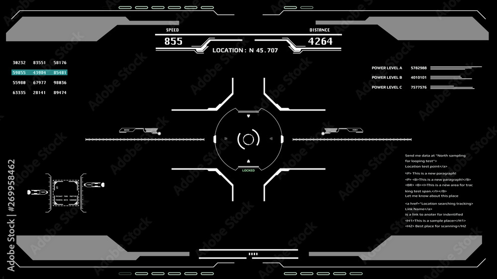 Poster HUD Futuristic Elements Automatic Target Scan User Screen Interface Illustration. White Virtual Abstract Scifi Crosshair Game Control Monitor Panel.