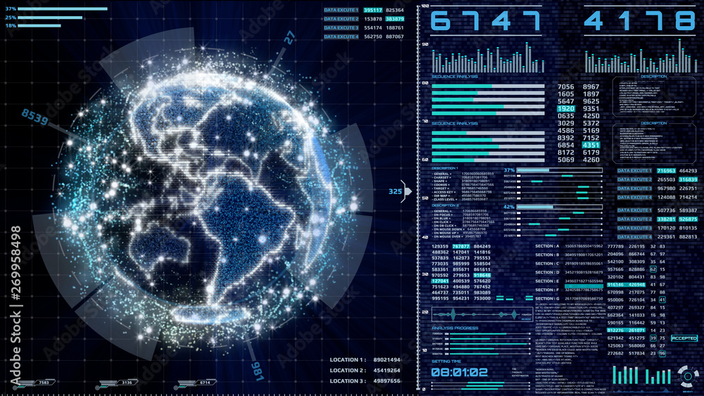 Aufkleber HUD Futuristic UI Interface Scanning Holographic Spinning Earth Panel For Cyber Space Technology. Digital FUI Scifi Display Information With Binary Decimal Random Number Security Checking Protection.