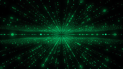 Abstract Particle Futuristic Line Dot Shooting With Center Lens Flare.. Green Communication Cellular Data Transfer Concept Illustration.
