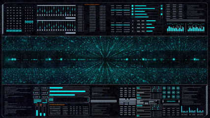 HUD Futuristic UI Interface Scanning Holographic Cyber Space Digital Data Screen Technology. Explorer Virtual Structure Perspective Particle Line Shooting Flickering Flight In Space Concept.