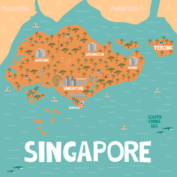 Illustrated map of Singapore with cities and landmarks. Editable vector illustration