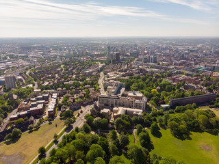 Aerial photo of the town known as Headingley in Leeds West Yorkshire, you can see the Leeds university in the background and the Leeds City Centre taken with a drone on a beautiful sunny day.