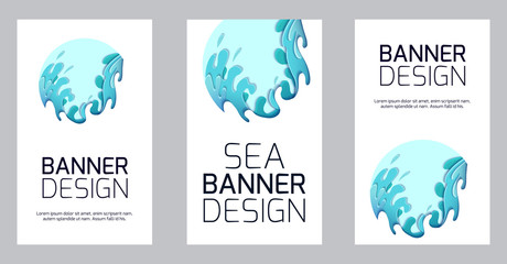 Set of vertical banner with violent sea waves cut out of paper. Card with 3d multilayer drawing of streams of water. Storm. Vector template for articles, voucher, covers and your design.