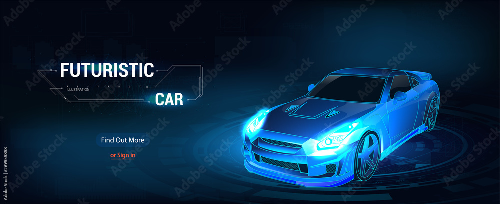 Poster 3D isometric image of a smart or intelligent car. Autonomous car without a driver. Full color illustration in concept of a smart car. Vector illustration