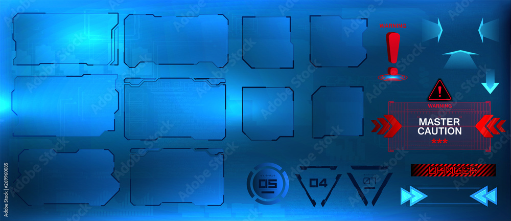 Poster HUD screens, futuristic user interface. Elements set. Abstract control panel layout design. VR points, gamedev elements, game disign GUI. FUI, HUD UI.  Vector illustration virtual tech display. Vector