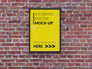 Empty advertising poster (banner) - mockup template on brick wall. 3D rendering