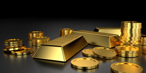 Gold bars for website banner. 3D rendering.