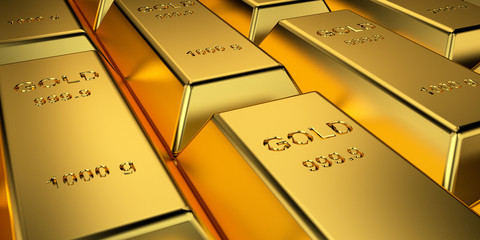 Gold bars for website banner. 3D rendering.