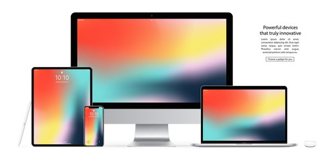 mockup devices and gadgets: stylus, mouse, smartphone, tablet, laptop and computer monitor with colorful screen isolated on white background. stock vector illustration eps10