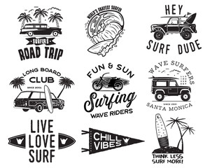 Vintage Surfing Graphics Logos Set for web design or print. Surfer badges templates. Surf emblems. Summer surfboard, palms elements. Outdoors activity - boarding on waves. Vector hipster insignia.