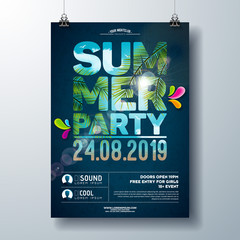 Summer Party Flyer Design with palm trees and ocean landscape in cutting Typography Letter. Vector Summer nature floral elements and tropical plants on blue cloudy sky background. Design template for