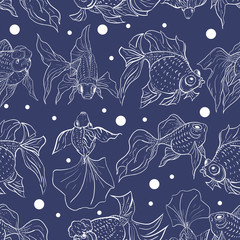 Goldfish Over Deep Blue Background. Seamless Vector Pattern  for Textile Or Book Covers, Manufacturing, Wallpapers, Print, Gift Wrap And Scrapbooking.
