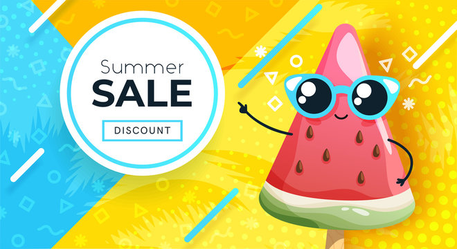 Summer sale banner with ice cream. Cute funny cartoon character. Colorful summer background. Discount brochure, poster, flyer template. Beautiful modern design. Flat style vector illustration.