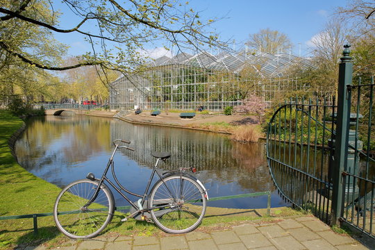 Reflections of the glasshouses of the Botanical garden (Hortus Botanicus), Plantage, Amsterdam, Netherlands