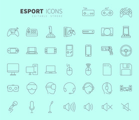 Line design icon set of video game and esport device concept. Editable stroke vector icon. © poravute