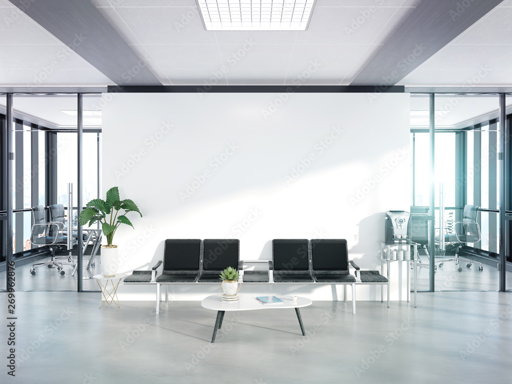Aufkleber blank white wall in concrete waiting room with large windows mockup 3d rendering