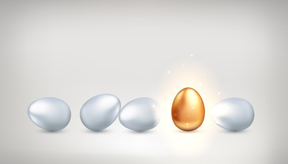 Outstanding golden egg among ordinary white eggs, the concept of exclusivity, creativity, success. Bright personality, successful personality. Vector illustration