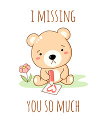 Cute sad cartoon bear draws a pencil heart