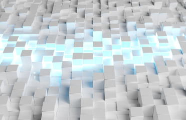 Glowing white and blue squares background pattern 3D rendering