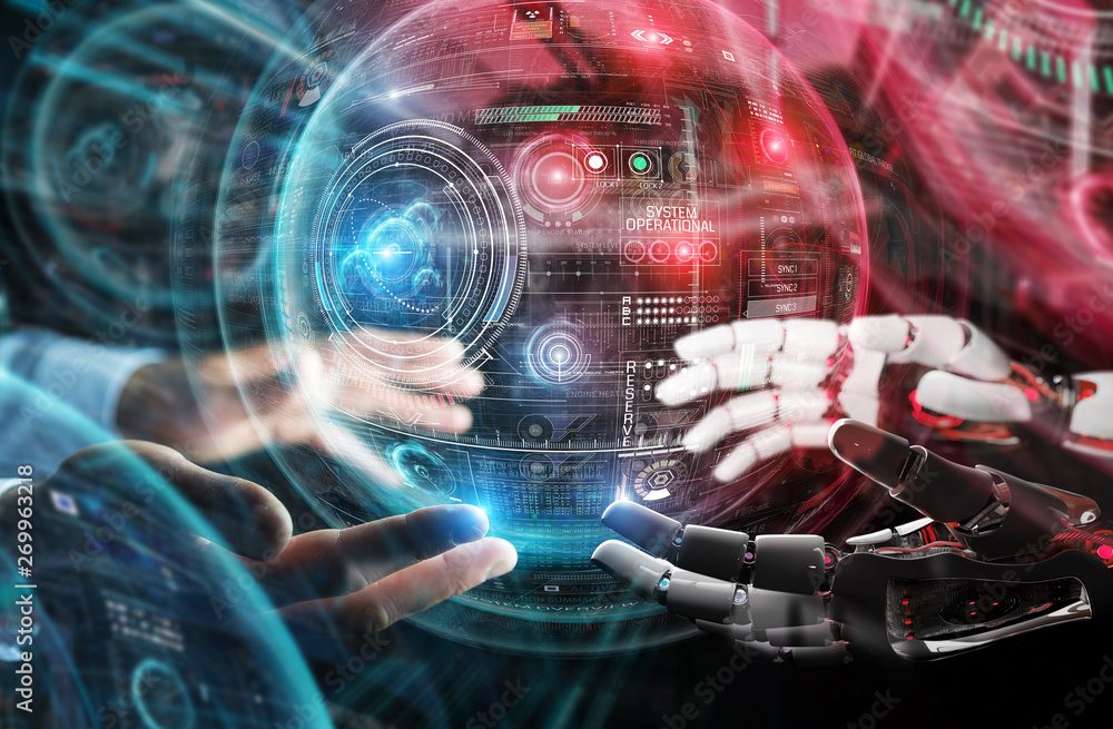 Poster red robot hacking a globe system interface 3d rendering