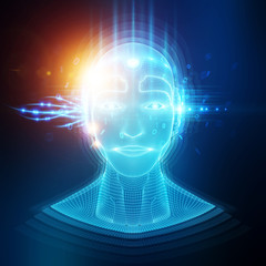 Robot cyborg man head artificial intelligence learning 3D rendering