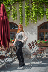 Pretty woman in Old Europe, vacation and travelling time. Vintage style in clothes and view. Trip in Germany 