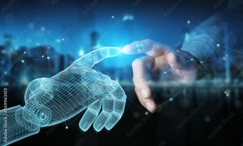 Aufkleber wireframed robot hand connecting with human hand on dark 3d rendering