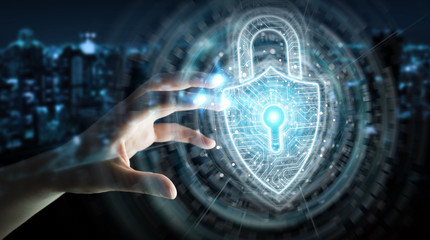 Businessman using digital padlock security interface to protect datas 3D rendering