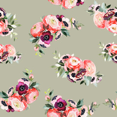 Seamless summer pattern with watercolor flowers handmade.