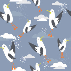 Seamless pattern, birds and clouds, hand drawn overlapping backdrop. Colorful background vector. Cute illustration, seagulls. Decorative wallpaper, good for printing