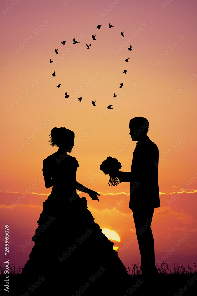 Poster bride and groom at sunset